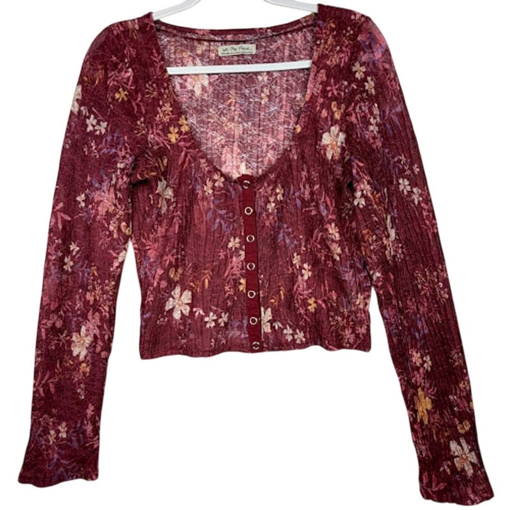 Free People We The Free Angelina Floral Print Crop Top Burgundy XL Long Sleeve